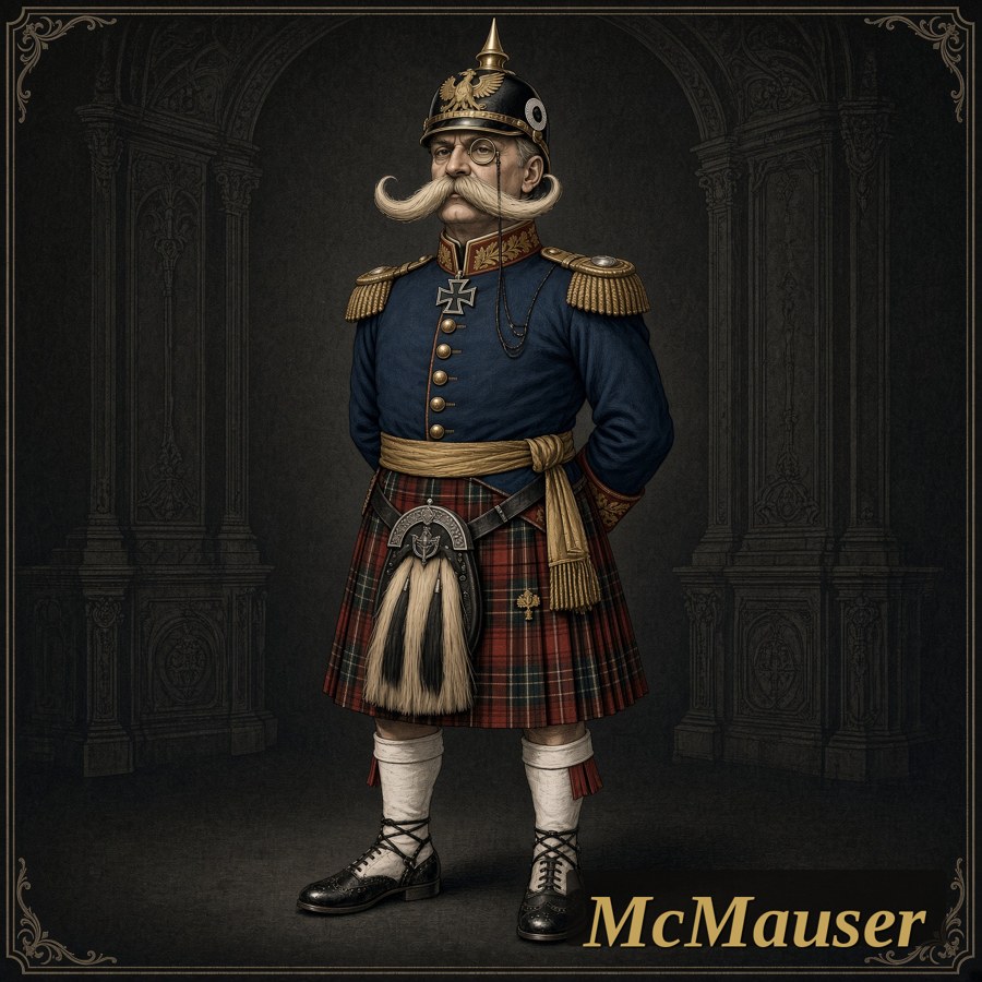 McMauser, gallery mascot: a Prussian general in Pickelhaube, tunic, and Scottish kilt
